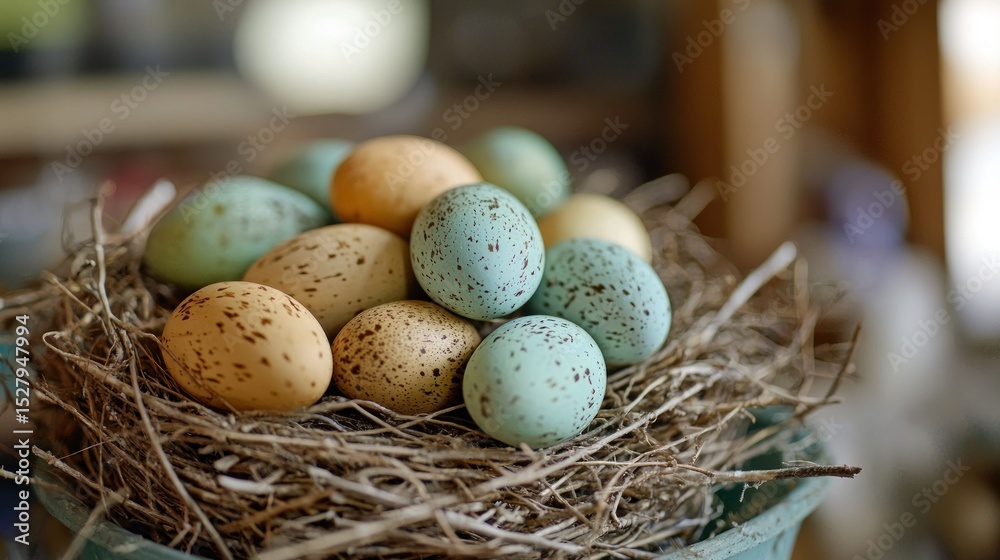 Obraz premium A nest with colorful eggs and straw, with a blurred background.