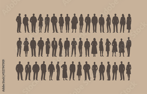Silhouettes of People Standing in Rows Diverse Group of Men and Women in Formal and Casual Attire Flat Design