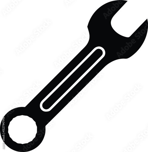 Black and White Illustration of a Spanner, Hand Tool, Mechanic's Tool, and Wrench