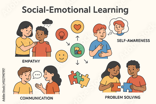 Social Emotional Learning (SEL) vector infographic. Soft skills for kids illustration with empathy, communication, self-awareness, problem solving. Education and psychology concept.