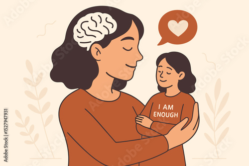 Self-love and mental health concept with a woman hugging her inner child. Metaphor for self-esteem, self-acceptance, inner healing, and positive psychology. I am enough quote.