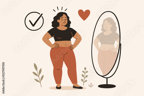 Body positive concept. Happy plus size woman loving her mirror reflection. Self love, self esteem, and self acceptance. Mental health wellness. Psychology of self care. Female power.