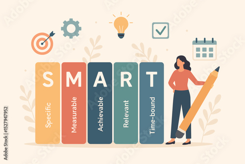 SMART goals methodology vector concept. Woman with pencil planning objectives. Specific, Measurable, Achievable, Relevant, Time-bound infographic for business strategy and productivity.