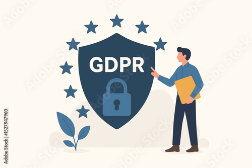 GDPR General Data Protection Regulation concept with a man pointing at a shield and padlock symbol. European Union law for data privacy, information security, and online compliance.