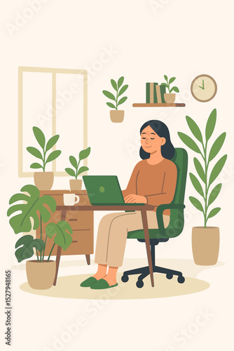 Woman working remotely in a cozy green home office. Freelancer at desk with laptop surrounded by plants. Biophilic design for workplace well-being and serenity. Vector illustration.