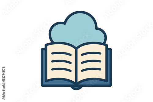 Cartoon open book icon with light blue cloud above for digital library