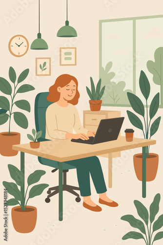 Happy freelance woman working at her desk with a laptop in a biophilic green office. Concept of a sustainable workplace, employee wellbeing, serenity, and productivity in a modern home office.