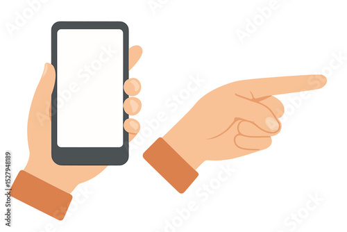 Hand holding smartphone and pointing to the right direction isolated on white background