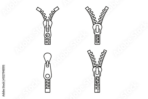 Set of zipper icon outline vector illustration representing different states and styles for fashion design and crafting projects