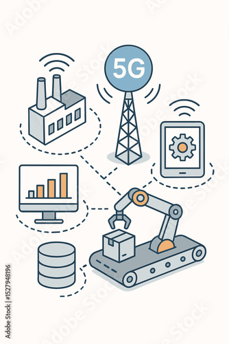 Smart manufacturing concept with 5G technology. Industry 4.0 illustration with robotic arm, conveyor belt, factory, data analytics and IoT network. Industrial automation process.