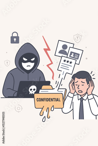 Cyber attack concept. Hacker stealing confidential information and personal data from a computer. Stressed businessman victim of a data breach, phishing, and identity theft.