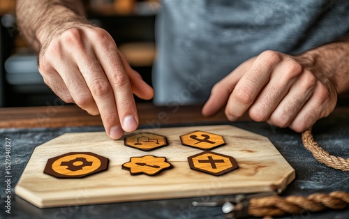 Hands arranging wooden game pieces on a board