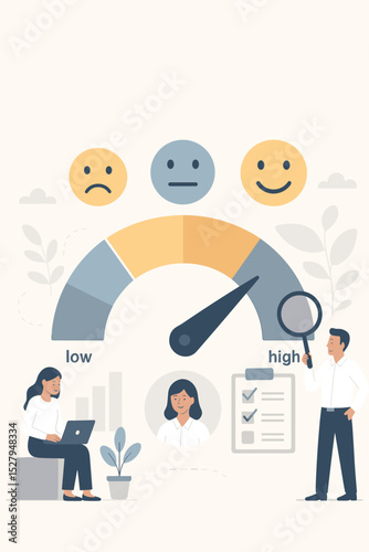 Employee satisfaction measurement with scale from low to high. HR analytics concept with manager analyzing staff feedback. Performance review, mood meter and positive sentiment analysis.