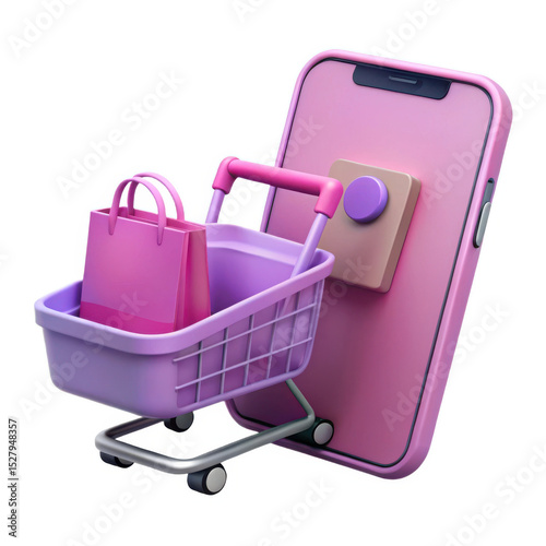 3d shopping cart with bag on smartphone isolated on white background