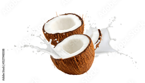 Halved coconuts are suspended amidst a dynamic splash of coconut milk.