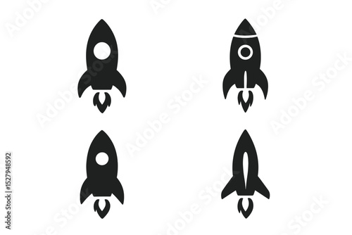 Four space rockets taking off isolated on white background in cartoon vector illustration icon style