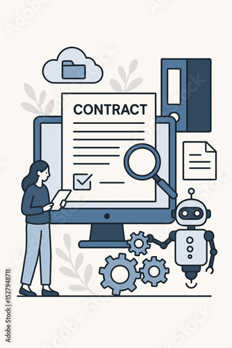 AI contract analysis and management. Robot and businesswoman reviewing a digital document. Concept of electronic signature, legal tech, workflow automation, and cloud solutions.