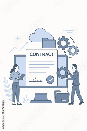 Digital contract management concept. Business people signing electronic agreement online. E-signature technology and document workflow automation. Cloud computing legal service vector.