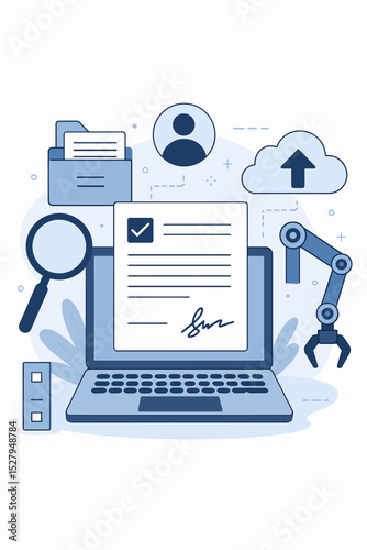 Digital contract and electronic signature concept. Business technology for agreement management, workflow automation. Laptop with signed document, cloud upload, verification, robot arm.
