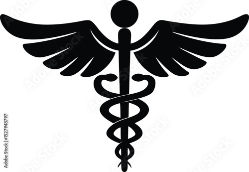 Black and White Caduceus Medical Symbol Illustration with Wings and Twisting Snake Figure