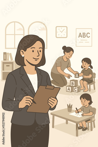 Kindergarten principal observing a classroom. Teacher helps child with alphabet blocks. Early childhood education concept. School administration and student development vector illustration.