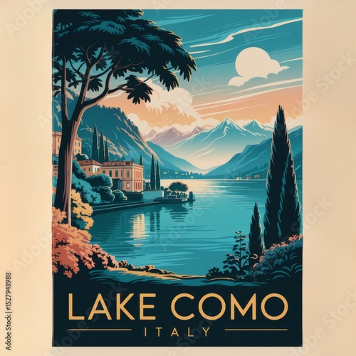 Enchanting Lake Como: Vintage Art Deco Travel Poster of Italys Timeless Beauty