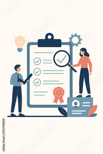 Business standards and certification concept. Employee qualification and skill verification. People with clipboard checklist, magnifying glass for quality control audit and compliance.