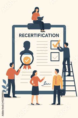 Recertification process concept. Tiny business people team working on large clipboard document. Professional development, license renewal, skill validation, compliance, audit, expertise.