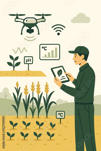 Smart farming concept with a farmer managing crops using a tablet and a drone. Precision agriculture technology with IoT sensors for monitoring growth, temperature, and pH levels.