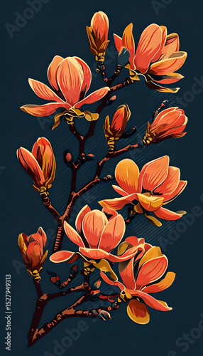 Magnolia Flowers Illustrated In Silkscreen Style On Navy Background