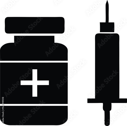 Black and White Silhouette of Vaccine Vial and Syringe Depicting Medical Injection