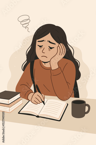 Tired student suffering from burnout and exhaustion. Sad young woman feeling stressed and overwhelmed by studying for exams. Mental health, fatigue and depression concept.