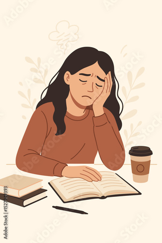 Tired exhausted student girl feeling stress at desk. Woman with books suffering professional burnout or study pressure. Mental health problem, depression vector illustration.