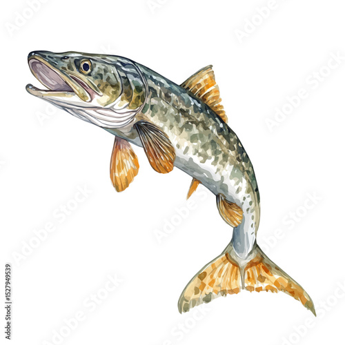 Pike, watercolor painting vector, high quality, isolated on a white background.