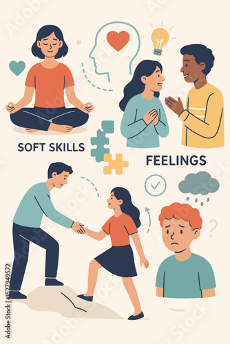 Emotional intelligence and soft skills vector set. People meditating, communicating with empathy, helping and supporting each other. Mental health, psychology, feelings concept.