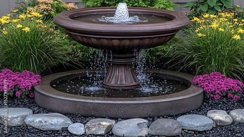 Wallpaper Mural Elegant backyard water fountain with vibrant garden flowers and landscaping elements Torontodigital.ca