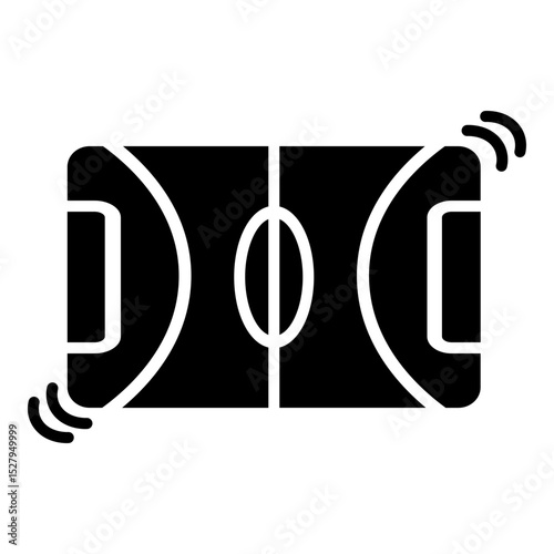 Solid icon depicting a rectangular sports court, possibly for basketball or futsal. It features clear solid boundary lines, a central dividing line, and a circle in the middle. Two semi-circular areas