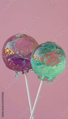 Minimalist Photograph of Translucent Spherical Lollipops on Pink