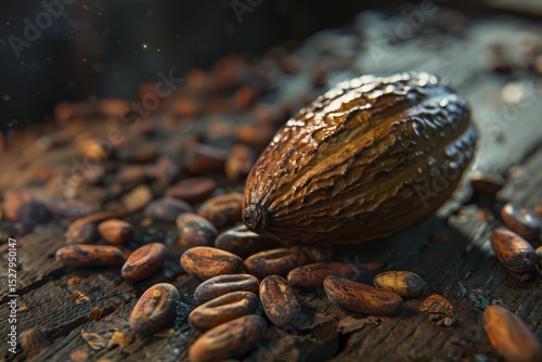 Flawless Visual of Raw Cocoa Beans and Cocoa Pod on a Wooden Surface
