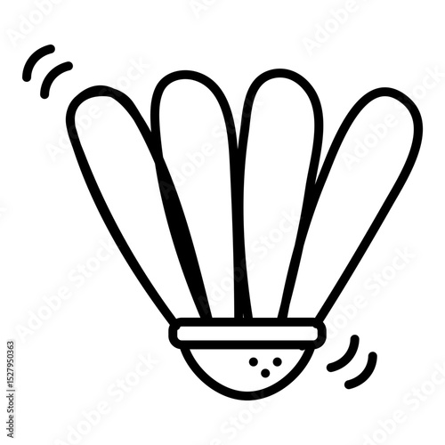 Line art illustration of a shuttlecock, showcasing its distinctive conical base and fanned feather structure. The outline style captures the lightweight yet robust design of the badminton birdie, with