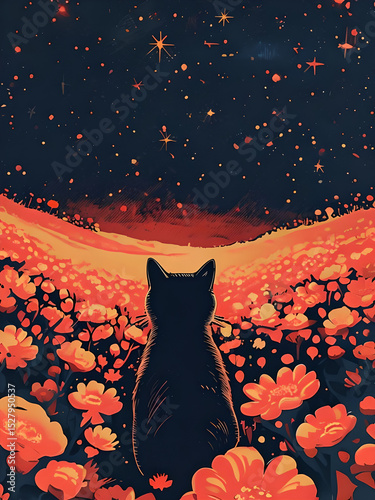 Mystical Night Scene With Vibrant Flowers And Cat