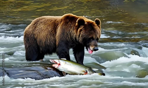 Grizzly Bear Catching Salmon: Wild Animal Feeding in River Stock Video

