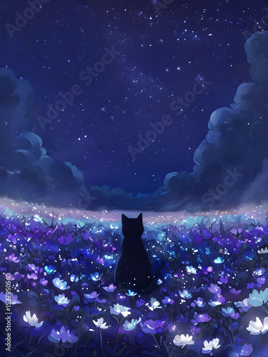 Serene Night Scene with Cat and Luminous Flowers Mobile Wallpaper