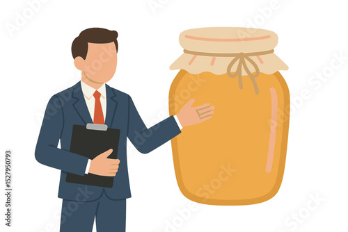 Man in suit presenting a jar of honey product, isolated cartoon vector illustration