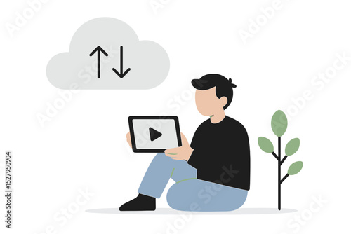 Man using tablet with cloud storage illustration vector icon isolated