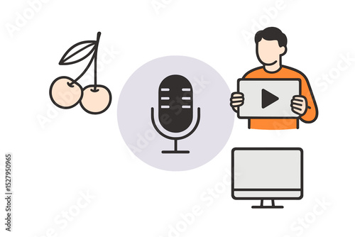 Illustration showing media creation with microphone, fruits, and computer screen