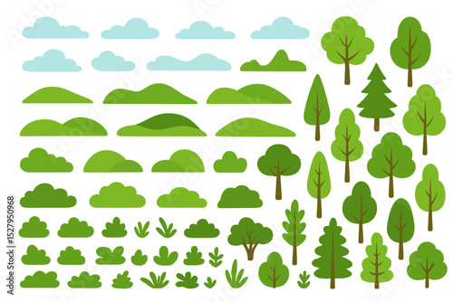 Cartoon nature landscape vector illustration with hills, trees, bushes, clouds isolated on white