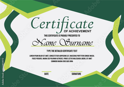 Green and gold certificate template with badge. Clean certificate layout.