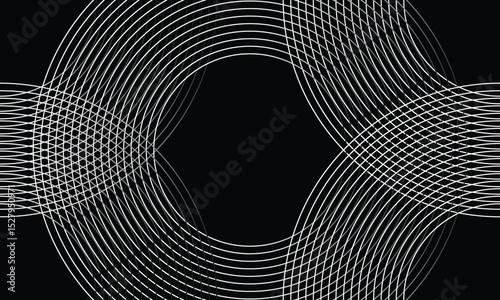 Abstract geometric background with intersecting white curved lines forming a circular pattern on black. Modern and minimal, ideal for tech, science, or futuristic design themes and presentations.