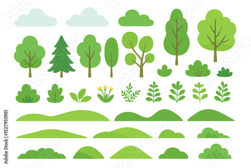 Isolated Set of Green Nature Elements like Trees, Bushes, Hills, Leaves, Flowers, and Clouds Vector Cartoon Illustration